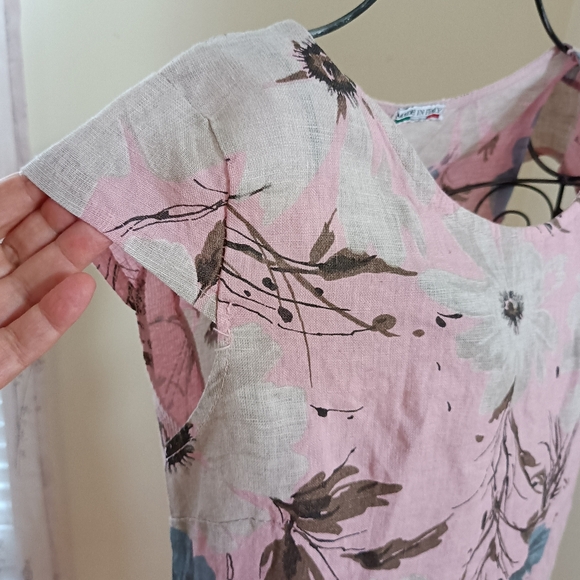 NWT PURO LINO 100% Linen Dress Made in Italy Floral Print Cap Sleeve Pockets M - Picture 10 of 17